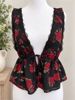 Garage Black Lace Tie Blouse/Vest with Red Rose Print NWOT